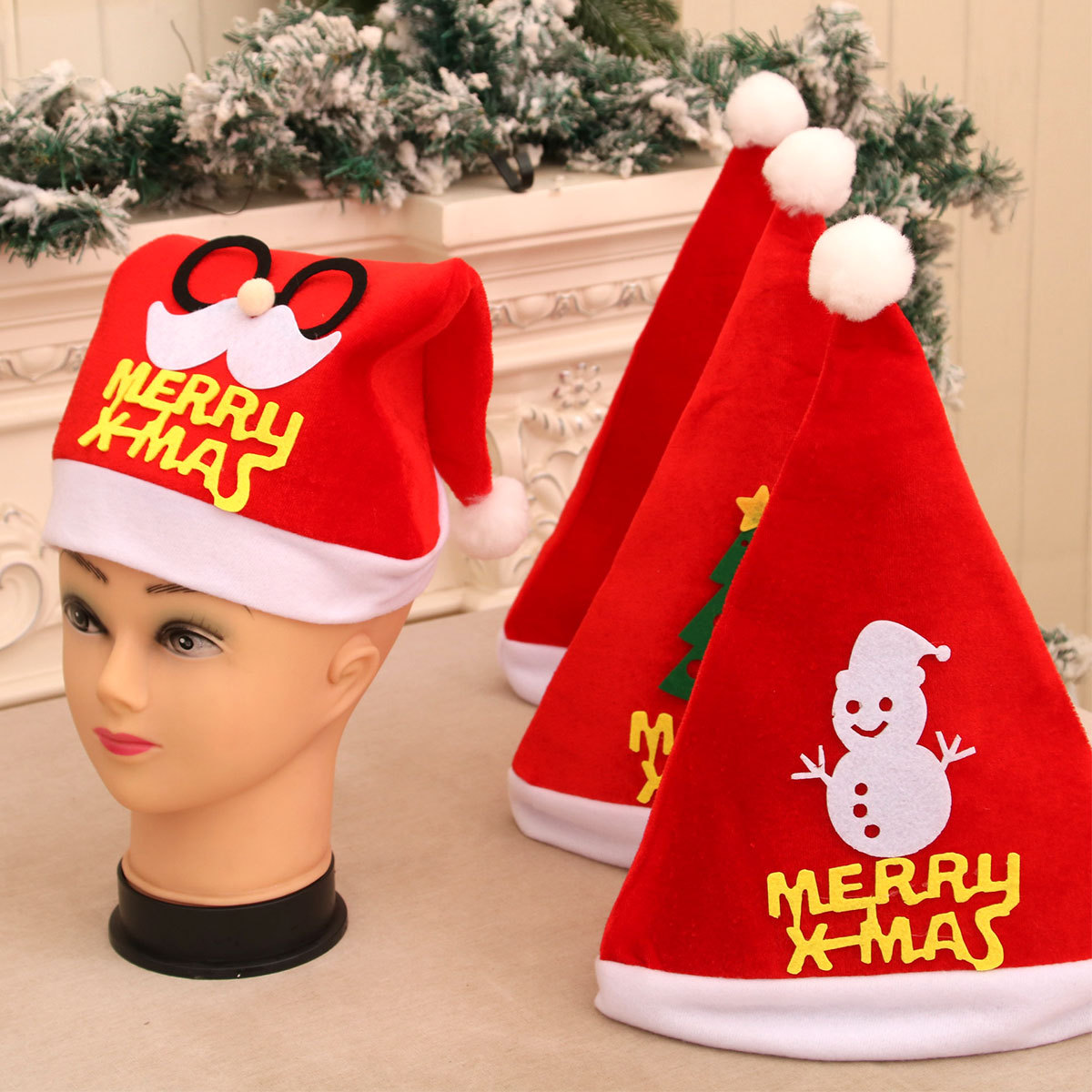 Christmas hat丝密绒贴花帽子圣诞节成人圣诞帽卡通帽圣诞老人