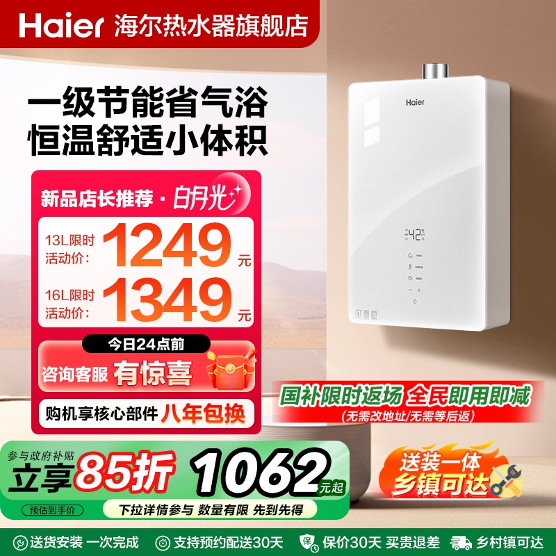 海尔官方燃气热水器天然气节能恒温水伺服16升13家用款白月光WM5C