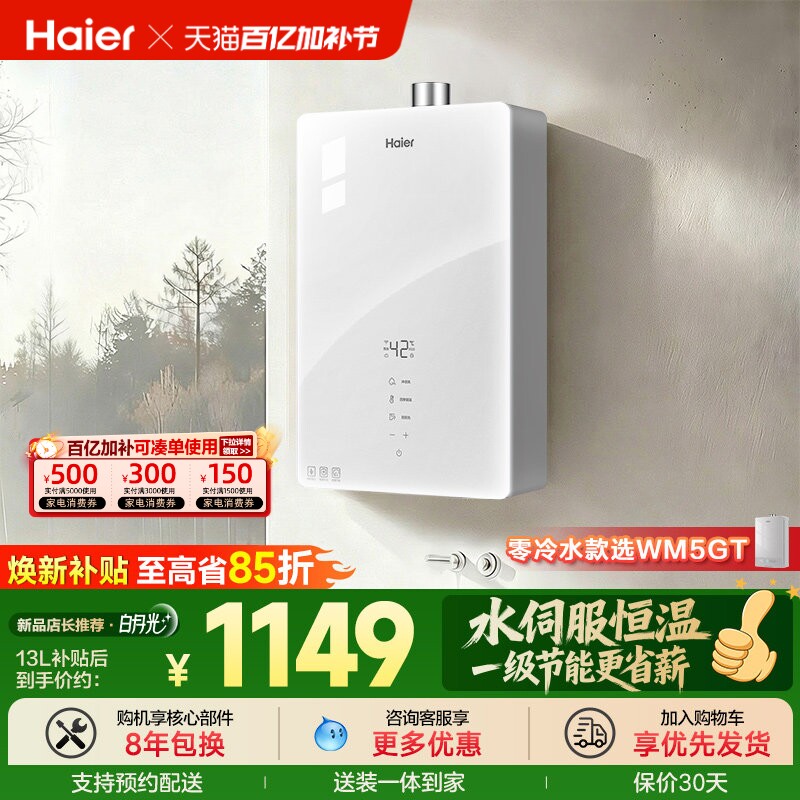海尔官方燃气热水器天然气节能恒温水伺服16升13家用款白月光WM5C