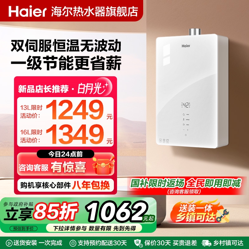 海尔官方燃气热水器天然气节能恒温水伺服16升13家用款白月光WM5C