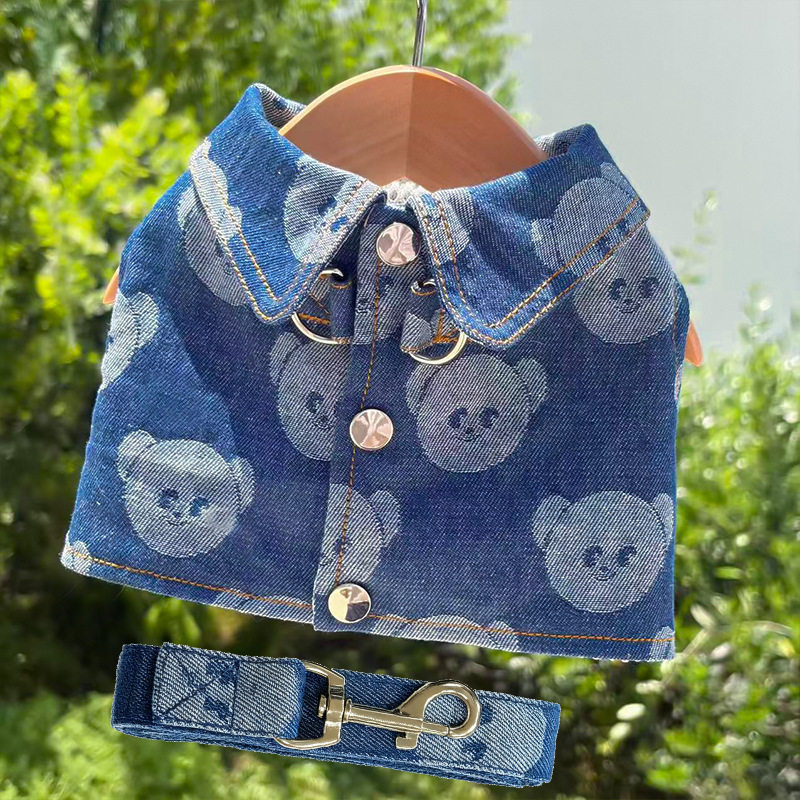 猫咪衣服牛仔胸背带狗狗宠物布偶英短猫咪胸背带夏季外出可牵引绳