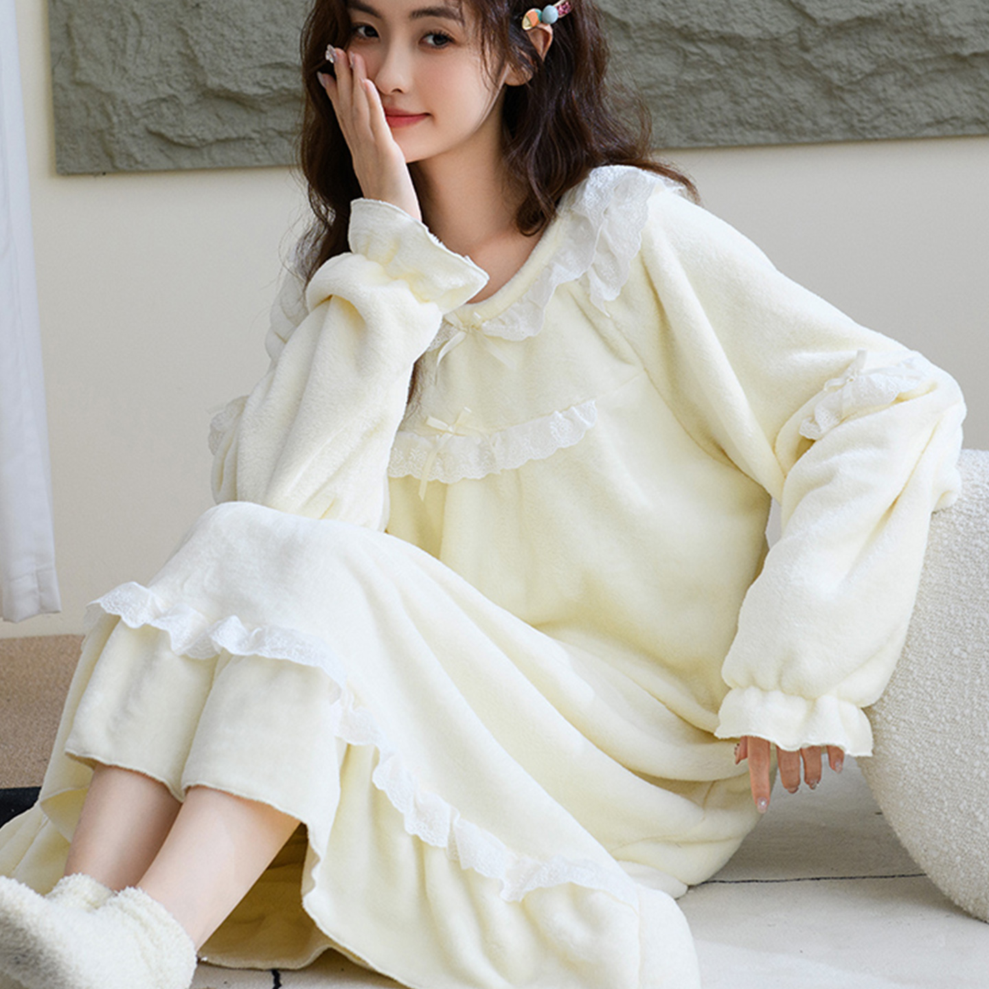 甜美可爱秋冬公主风珊瑚绒睡衣女
