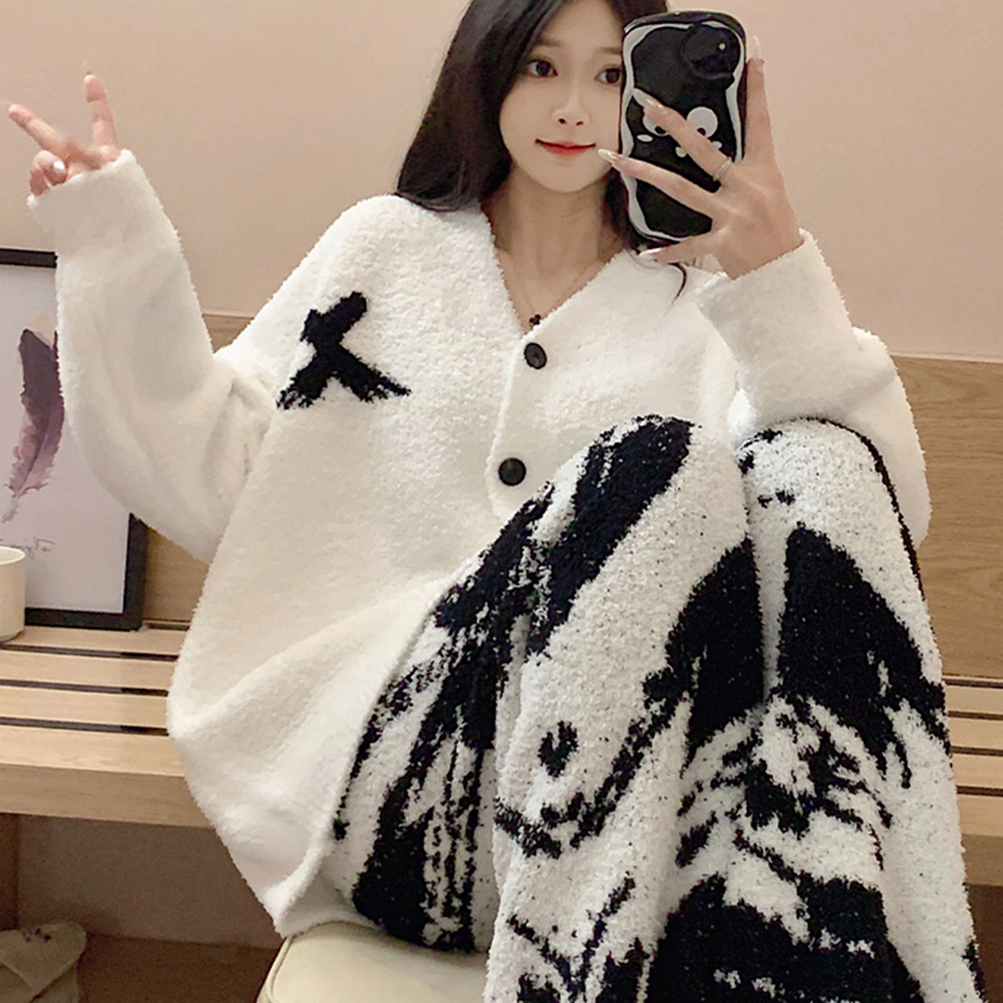 加厚半边绒高级感女士睡衣套装冬