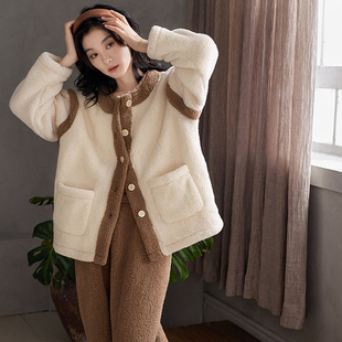 维多利亚珊瑚绒睡衣女款冬季加绒加厚保暖法兰绒可外穿家居服套装