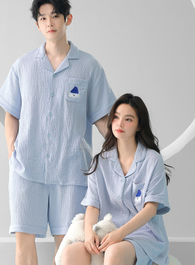 维多利亚纯棉睡衣情侣装一男一女双层纱高级感蓝色全棉夏季家居服