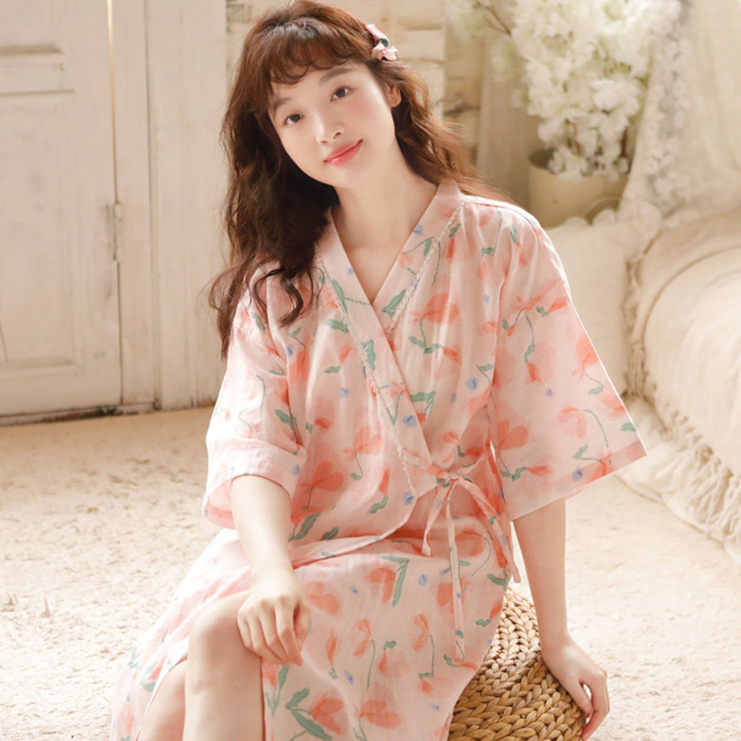 日式和服领纯棉夏天甜美女士睡袍图片