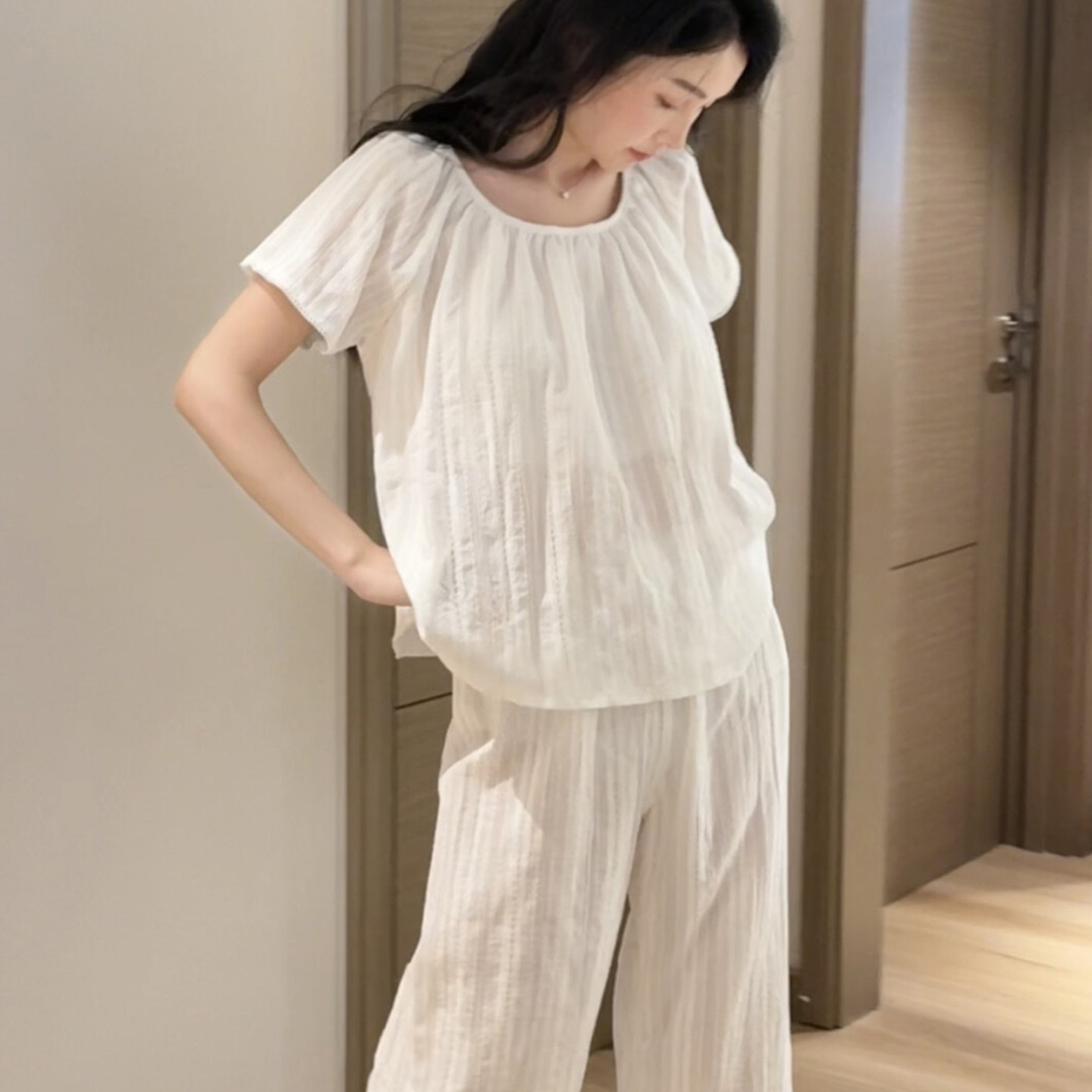 夏季纯棉白色提花可外穿女士睡衣