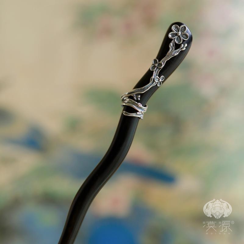 漠源黑檀木发簪925纯银复古
