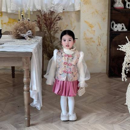 冬季新款女童拜年服花朵夹棉保暖中式马甲儿童洋气丝绒花苞裙套装