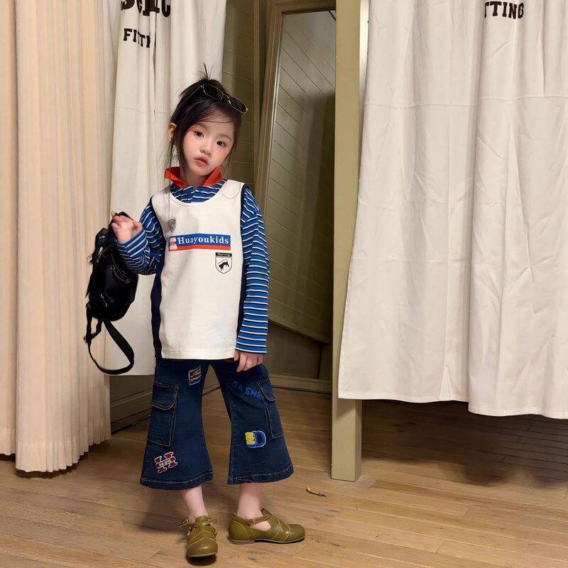 春夏款女童洋气时髦贴标牛仔七分裤儿童韩版时尚休闲外搭微喇叭裤