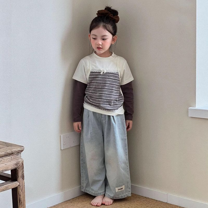 牛仔裤新款春季儿童条纹假两件套图片