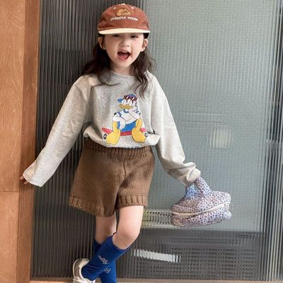 25秋季新款女童韩版长袖磨毛卡通印花T恤打底衫儿童毛线短裤套装