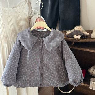 2025冬季新款女童洋气韩系波点羽绒服儿童时髦保暖翻领白鸭绒外套