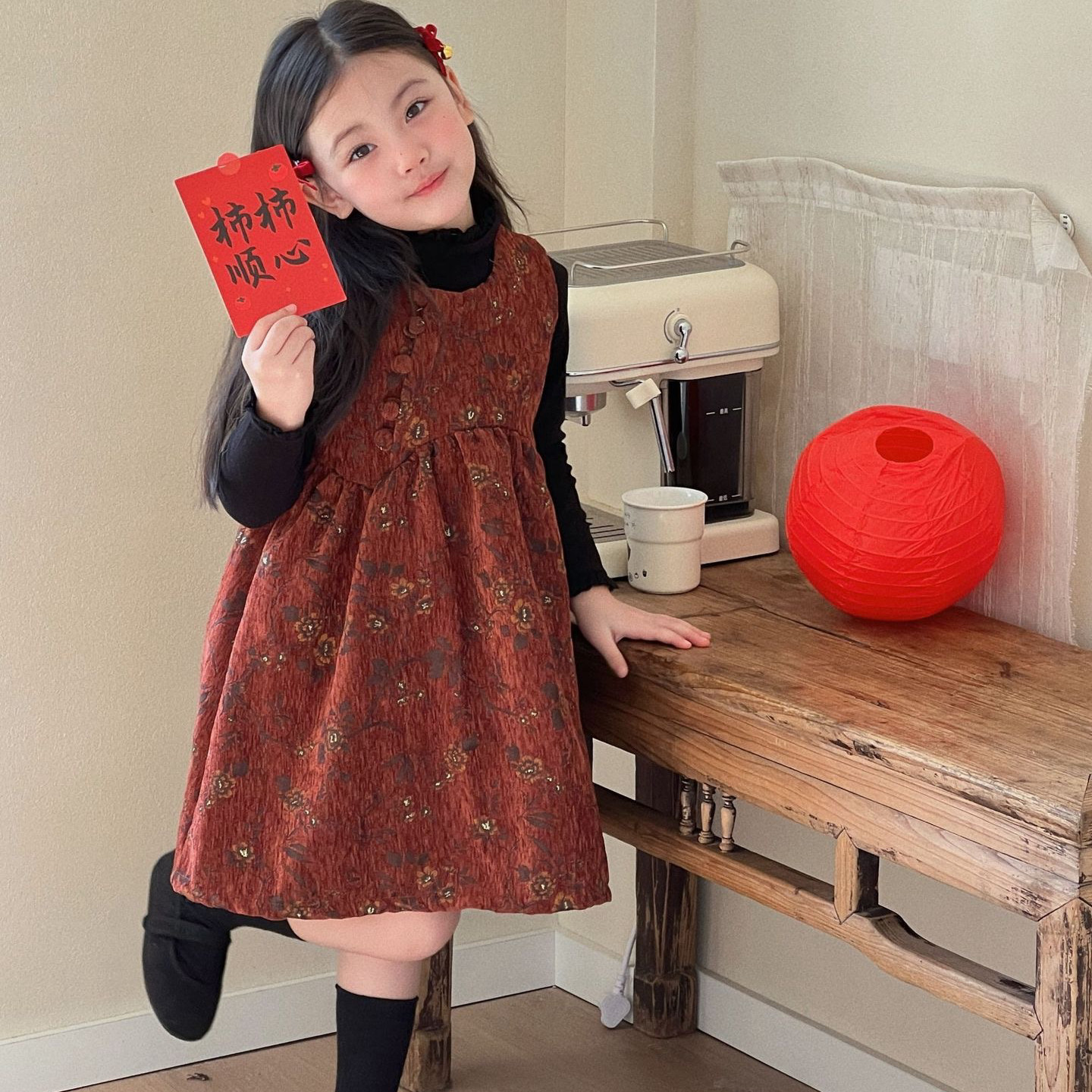 冬季新款女童洋气夹棉加厚无袖背心裙儿童复古新年服连衣裙套装潮