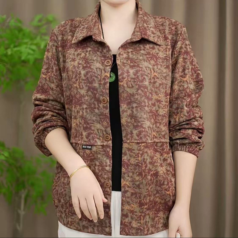 秋季新款中老年女装复古碎花长袖外套洋气妈妈装翻领休闲夹克上衣