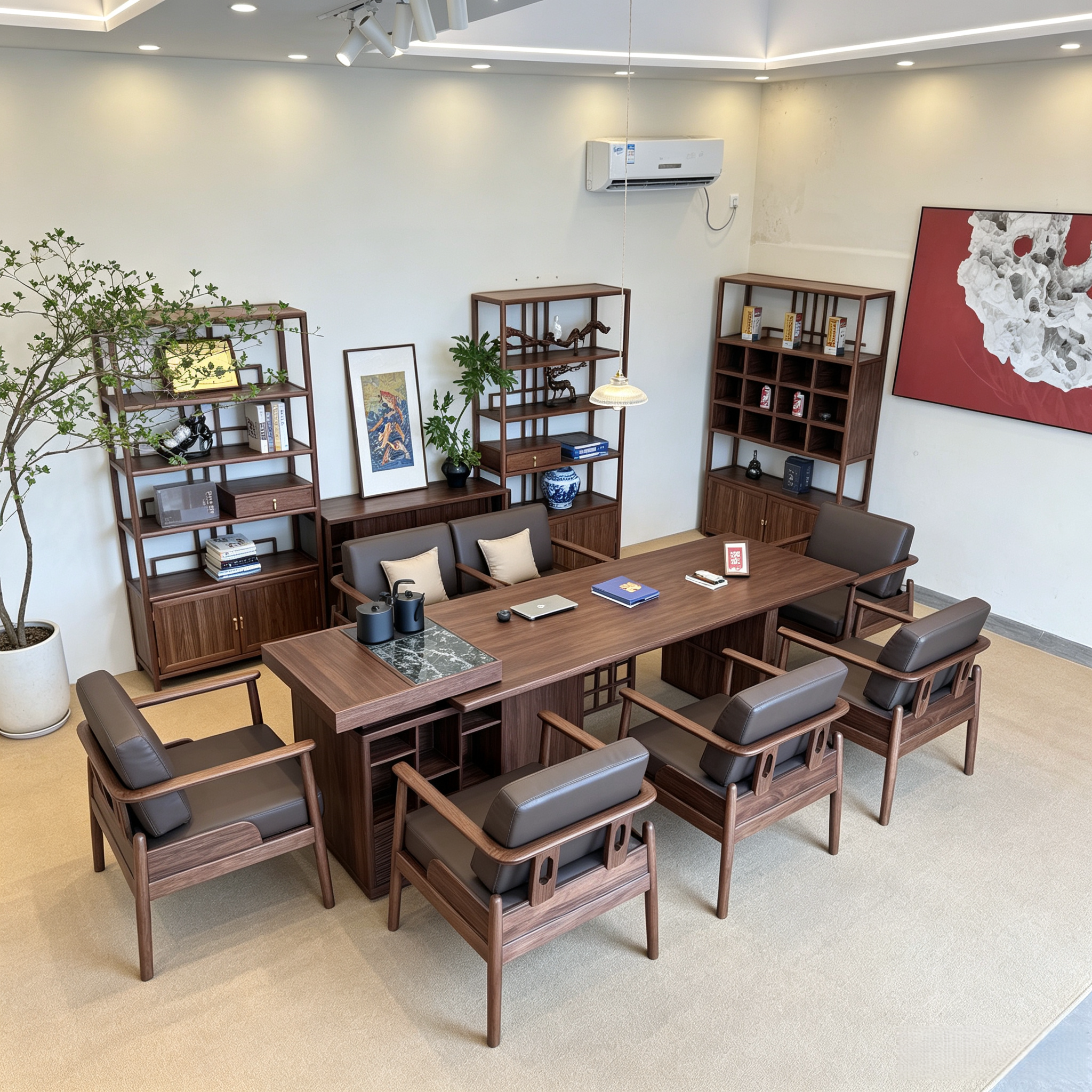 新中式北美黑胡桃木茶桌实木茶台办公室会客接待酒店会所别墅高端图片