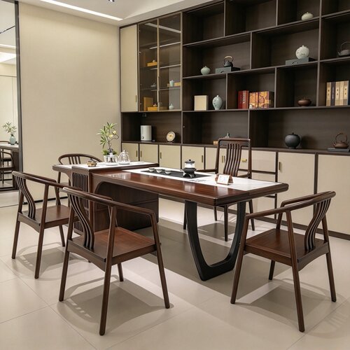 新中式岩板茶桌实木功夫茶台现代简约办公室会客接待禅意家具定制