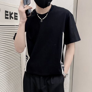 TX15-P48社会小伙男装落肩T恤春季新品简约时尚拼接设计短袖T恤图片