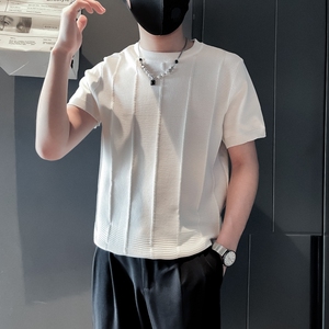 ZZ01-P58社会小伙黑色男士夏季新款肌理条纹针织冰凉圆领短袖T恤图片