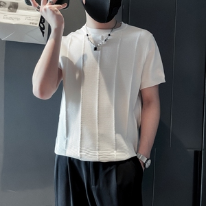 ZZ01-P58社会小伙男士夏季新款肌理条纹针织冰凉圆领纯色短袖T恤图片