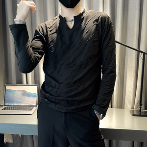B363-1-CT01-P48春秋款设计感男长袖T恤V领打底衫修身潮流图片