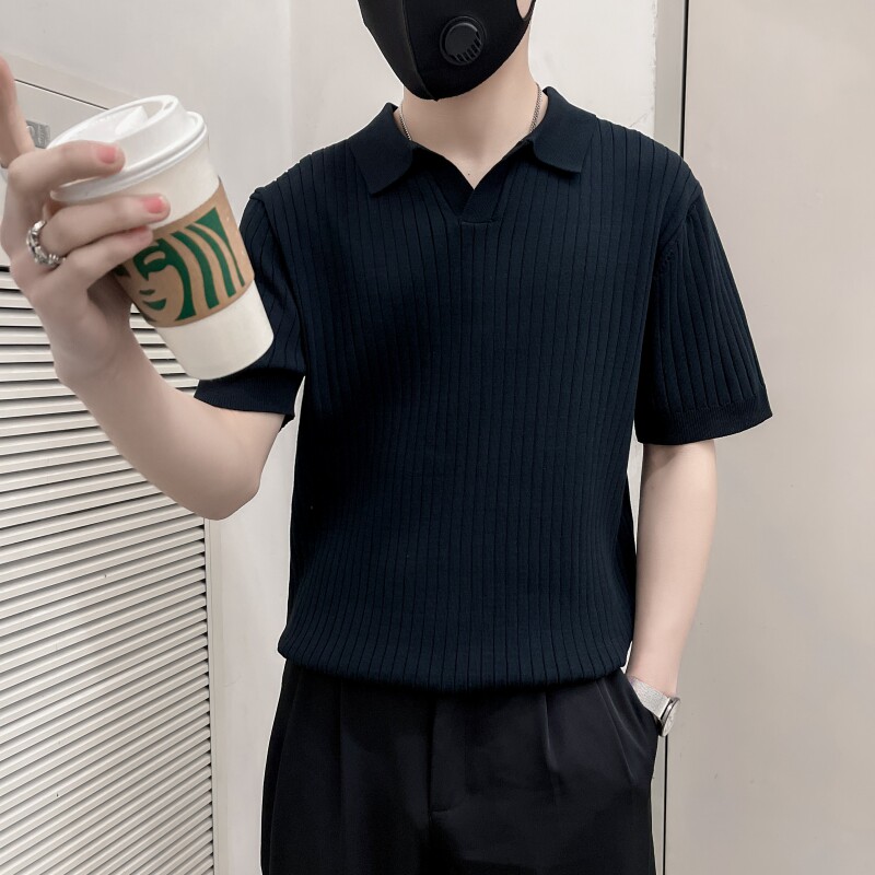 ZZ04-P58社会小伙黑色高端针织男夏季修身V翻领短袖t恤潮牌条纹,男装针织衫/毛衣,电商B363-1