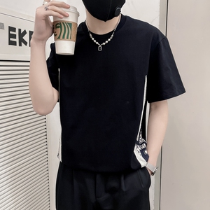 TX15-P48社会小伙男装落肩T恤春季新品简约时尚拼接设计短袖T恤图片