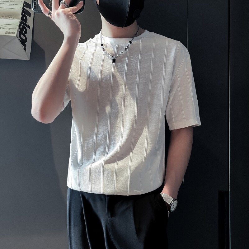 TX13-P48高级感冰丝短袖T恤男夏季针织条纹时尚休闲透上衣,男装T恤,电商B363-1