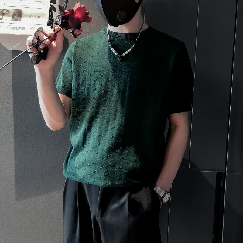 ZZ02-P58黑色夏季社会小伙痞帅店主风针织短袖t恤,男装针织衫/毛衣,电商B363-1