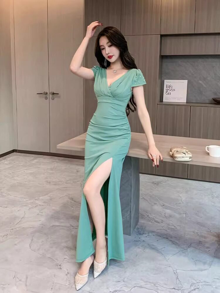 夜场ktv公关佳丽晚礼服女性感低胸连衣裙洗浴桑拿足疗技师工作服