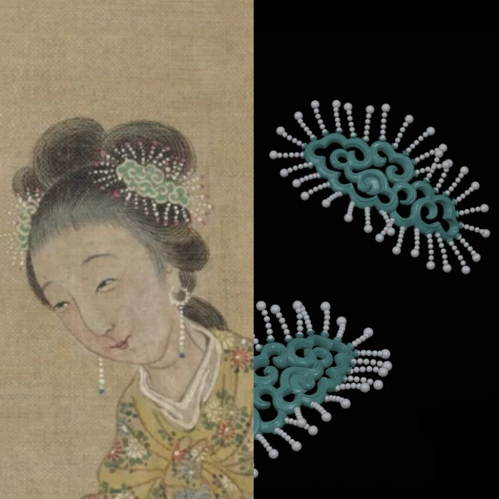 女仙图册复原珠花-3d打印仿珍珠发簪掩鬓发钗汉服古风发饰头饰