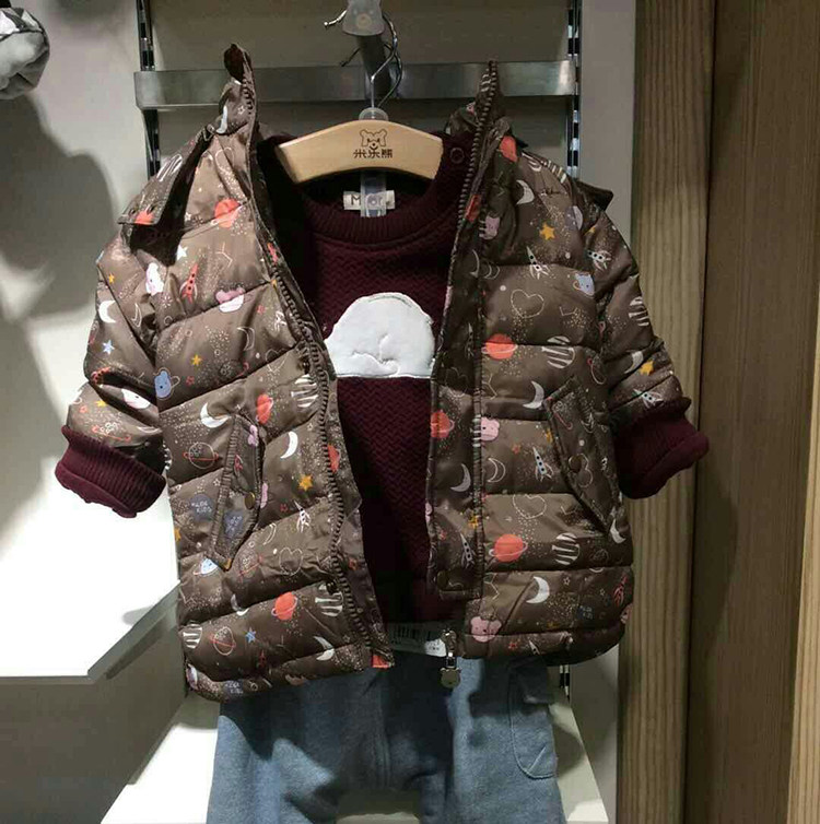 米乐熊男童连帽可脱卸儿童羽绒服中长款冬季小童白鸭绒外套加厚