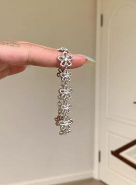 s925纯银拉丝镂空蕾丝花朵手链甜美小众精致百搭复古感手饰女