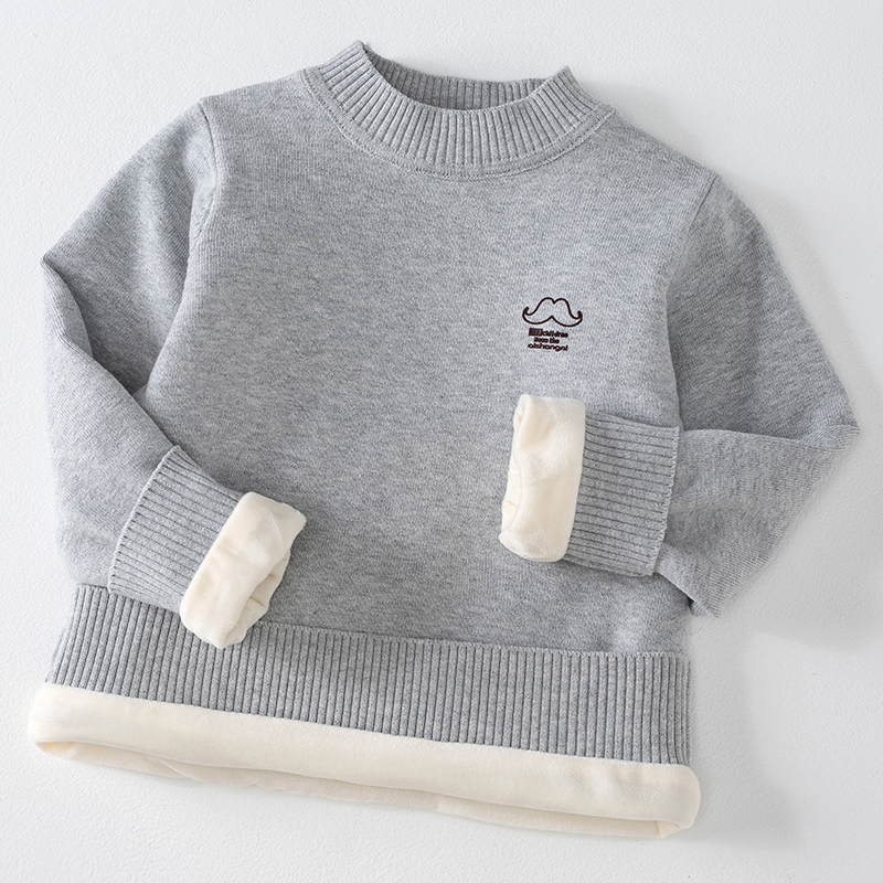 儿童加绒纯棉圆领毛衣男女童加厚保暖针织衫小中大童套头打底线衫