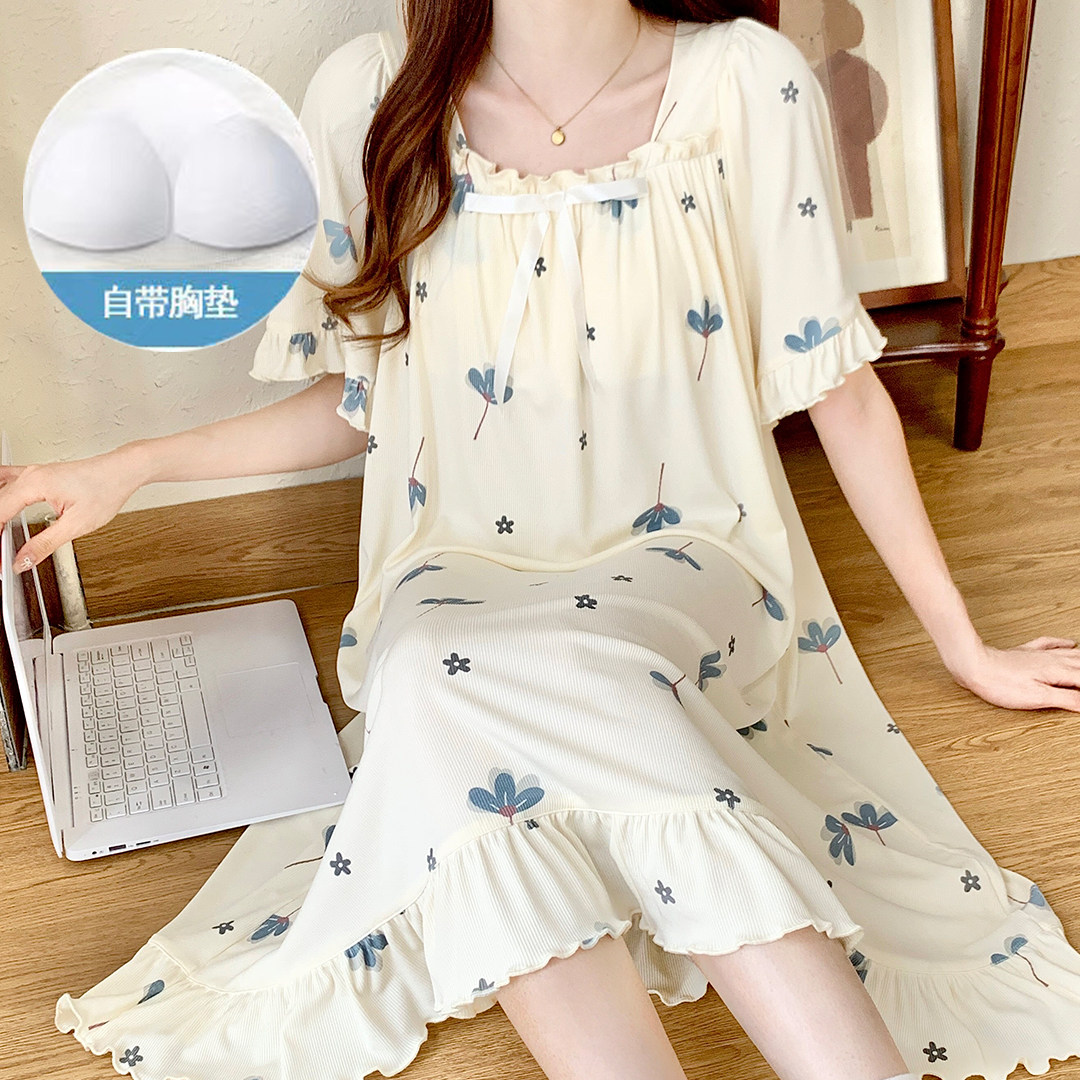 冰丝螺纹睡裙女夏季短袖薄款带胸垫睡衣少女中长款公主风甜美可爱,女士内衣/男士内衣/家居服,睡裙,淘宝优惠券,粉丝福利购,淘宝优惠卷