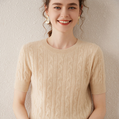 复古设计感山羊绒针织打底衫女长袖上衣圆领短袖扭花百搭舒适