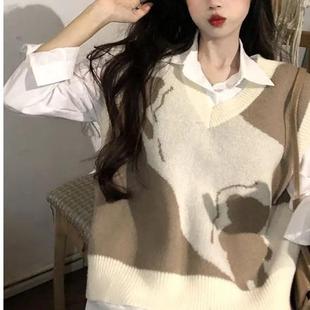 背心马夹女 两件套装 慵懒风秋季 新款 小熊V领宽松针织马甲学生无袖