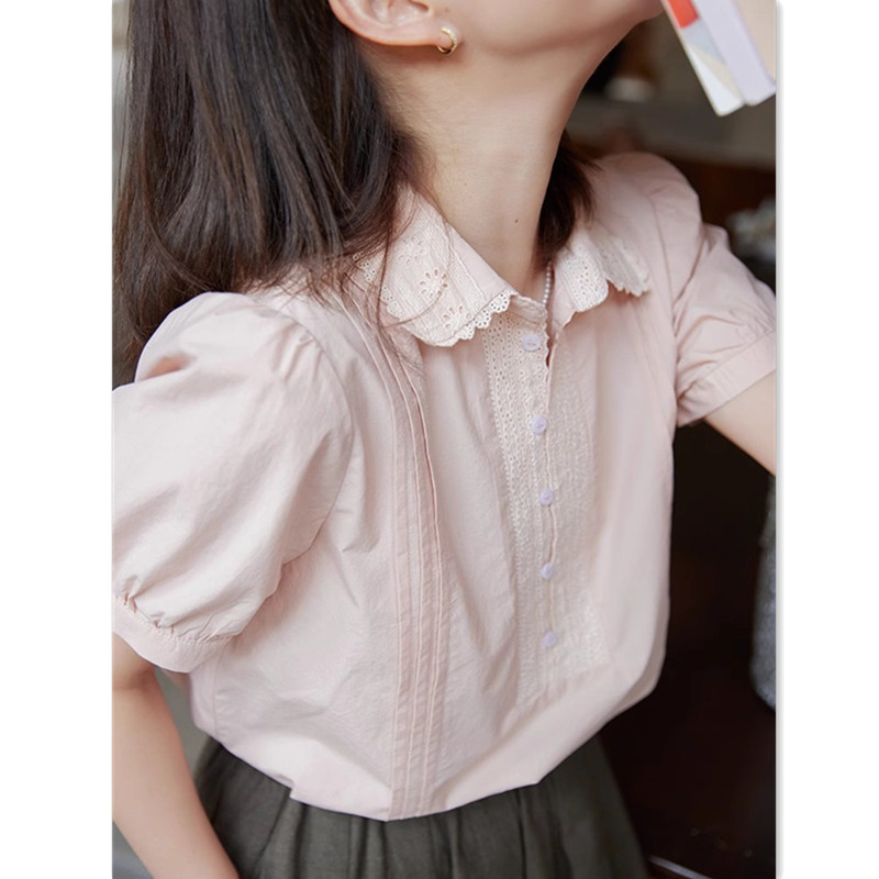 法式甜美蕾丝花边领短袖衬衫女