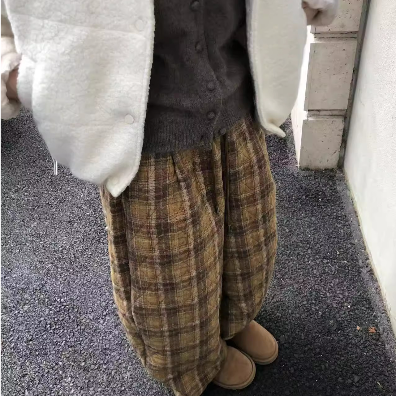 高端货~韩国面料调性松紧腰萝卜棉裤冬季加厚保暖经典格纹九分裤