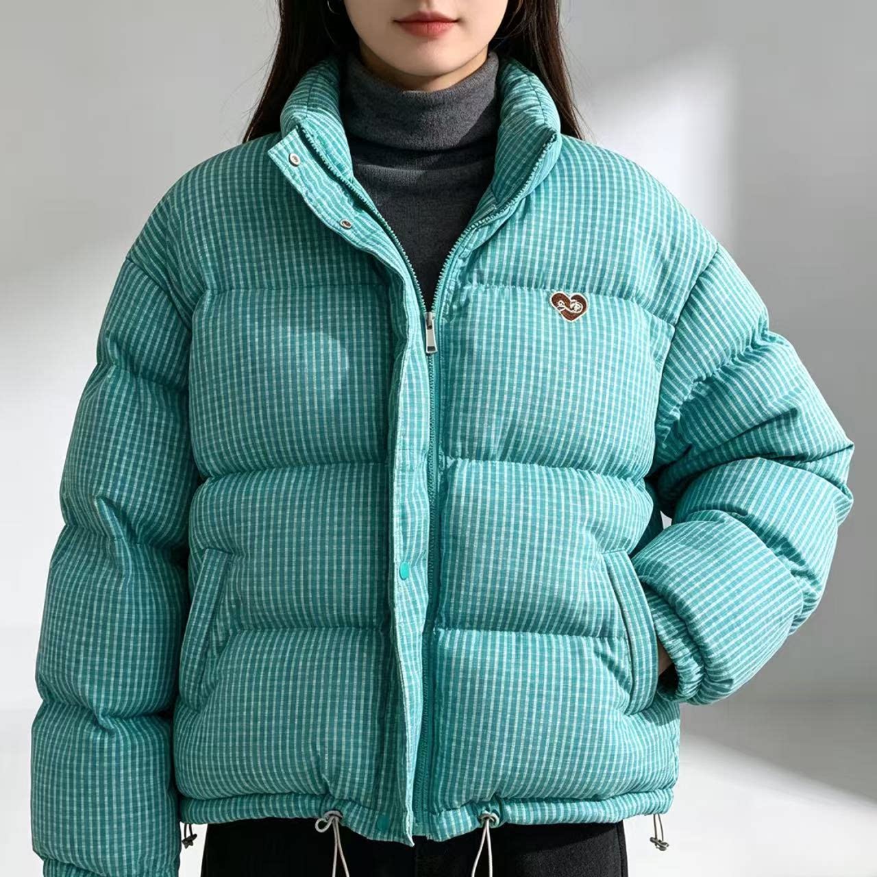 韩系格子加厚保暖立领短款棉服女