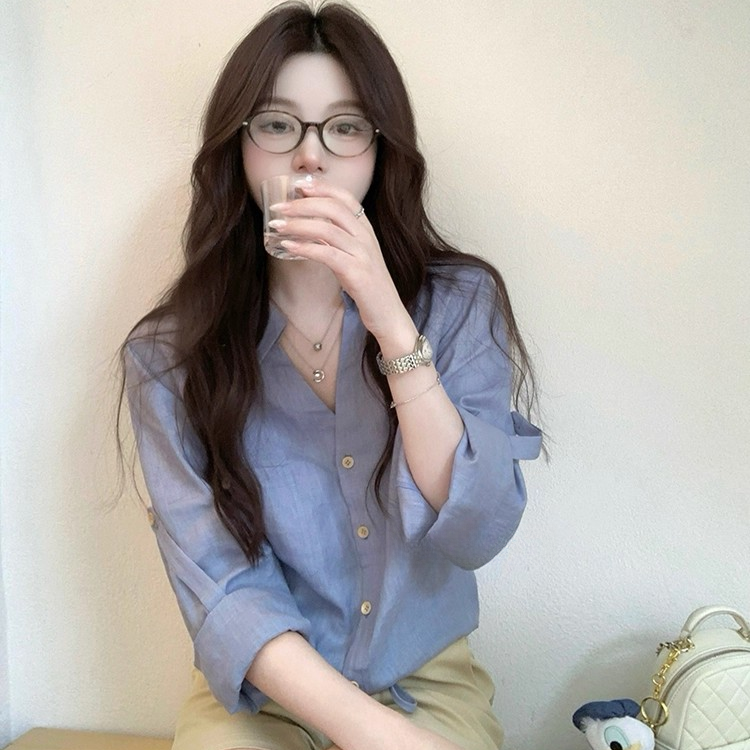 高端货~初秋亚麻叠袖衬衫女polo领设计感小众抽绳短款浅蓝色上衣
