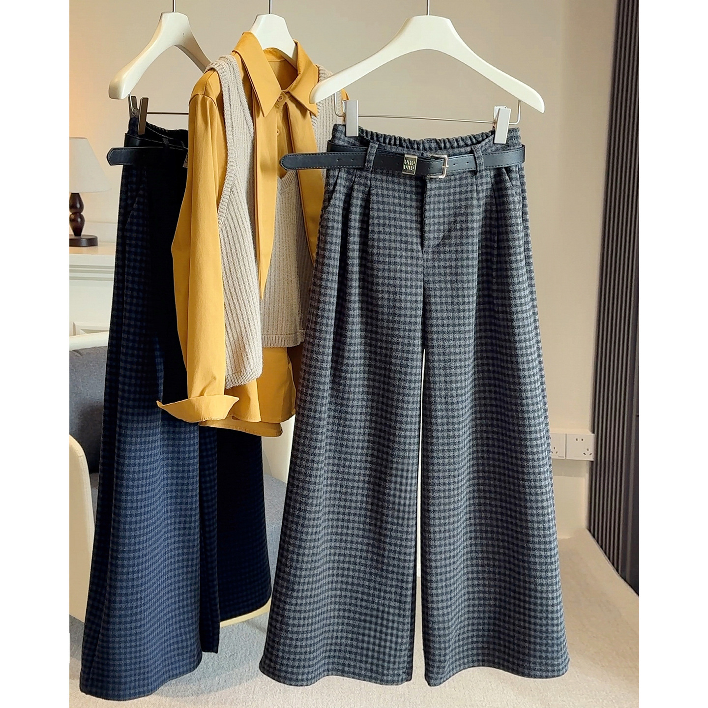 细格子加绒加厚毛呢阔腿裤女25秋冬松紧高腰保暖宽松显瘦休闲长裤