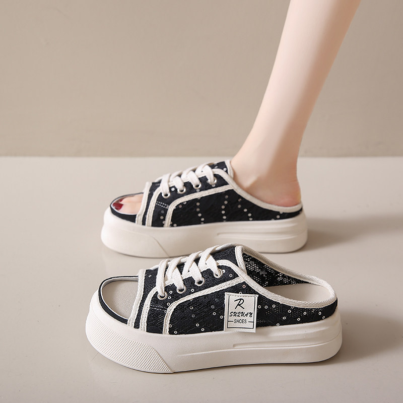 小个子增高厚底拖鞋 韩版亮片露趾半拖女 休闲百搭外穿凉拖