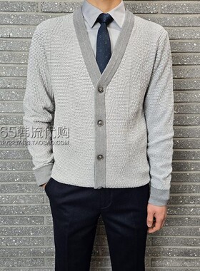 BASSO HOMME韩国代购2026年春季韩版灰色V领开衫单排扣纯棉针织衫