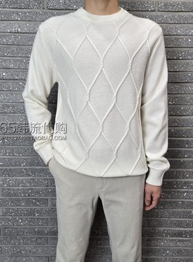 BASSO HOMME韩国代购2025年秋季乳白色圆领棱形长袖打底羊毛衫男