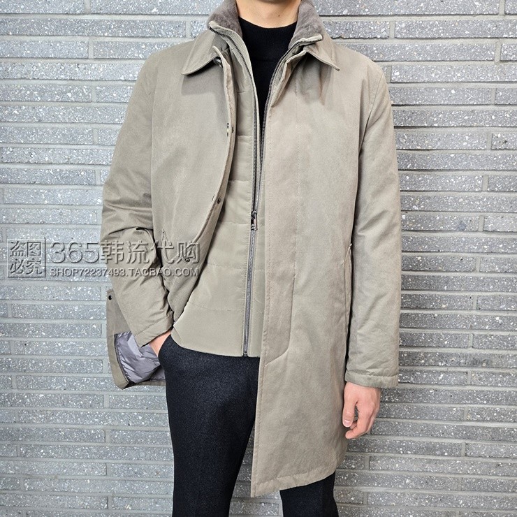 BASSO HOMME韩国代购24年冬季深米色翻领配马甲中长鹅绒羽绒服男