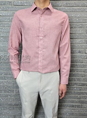 BASSO HOMME韩国代购2025年夏季韩版粉色方领亚麻休闲长袖衬衫男