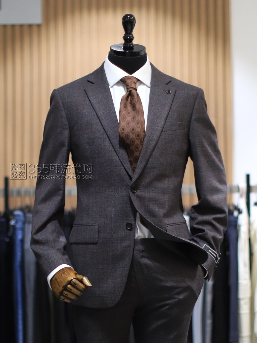BON韩国代购2023年冬季韩版修身酒红色暗格纹商务羊毛西服套装男