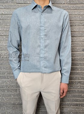 BASSO HOMME韩国代购25年夏季韩版靛蓝色方领亚麻休闲长袖衬衫男