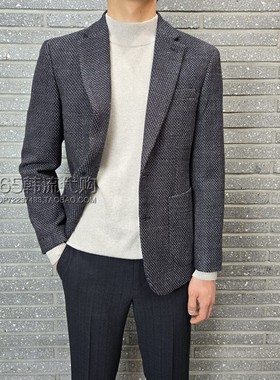 BASSO HOMME韩国代购25年秋季深蓝色修身羊毛便服上衣单西服外套